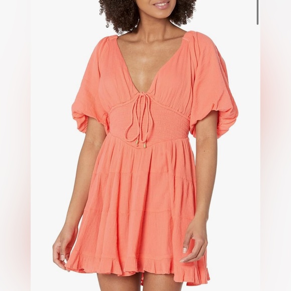 Free People Perfect Day V Neck Smocked Mini Dress Balloon Sleeve XS Watermelon - Picture 10 of 11